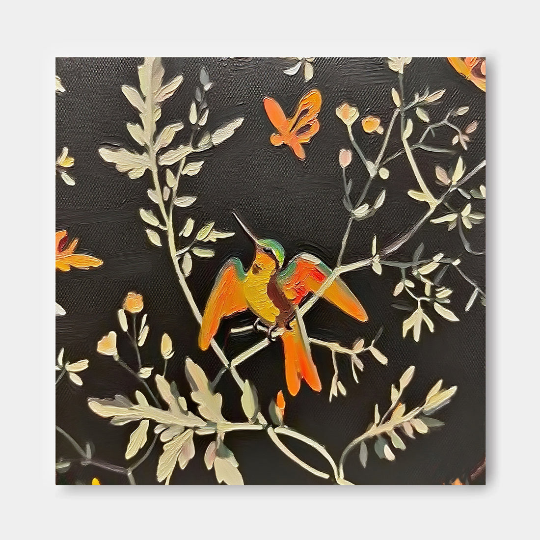 The image is a painting of a bird perched on a branch, surrounded by flowers and leaves in various colors.