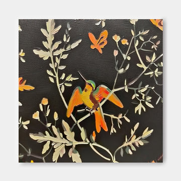 The image is a painting of a bird perched on a branch, surrounded by flowers and leaves in various colors.