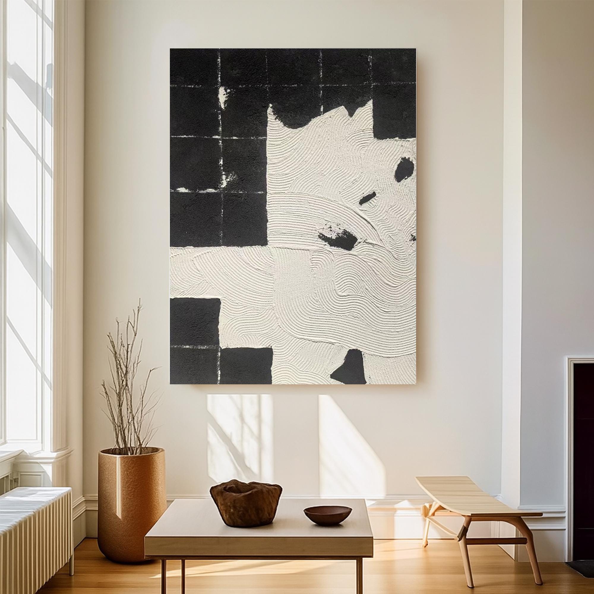 Black And White Textured Abstract Painting | Handmade Minimalist Oil Art With Geometric Texture | Modern Zen Canvas Wall Decor Vertical