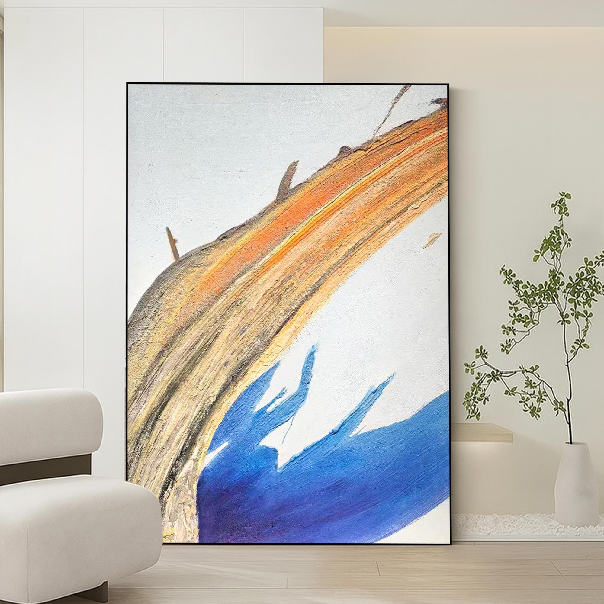 Original Minimalist Abstract Oil Painting on Canvas, Textured Blue Gold Wall Art, Large Vertical Handmade Artwork for Modern Home Decor