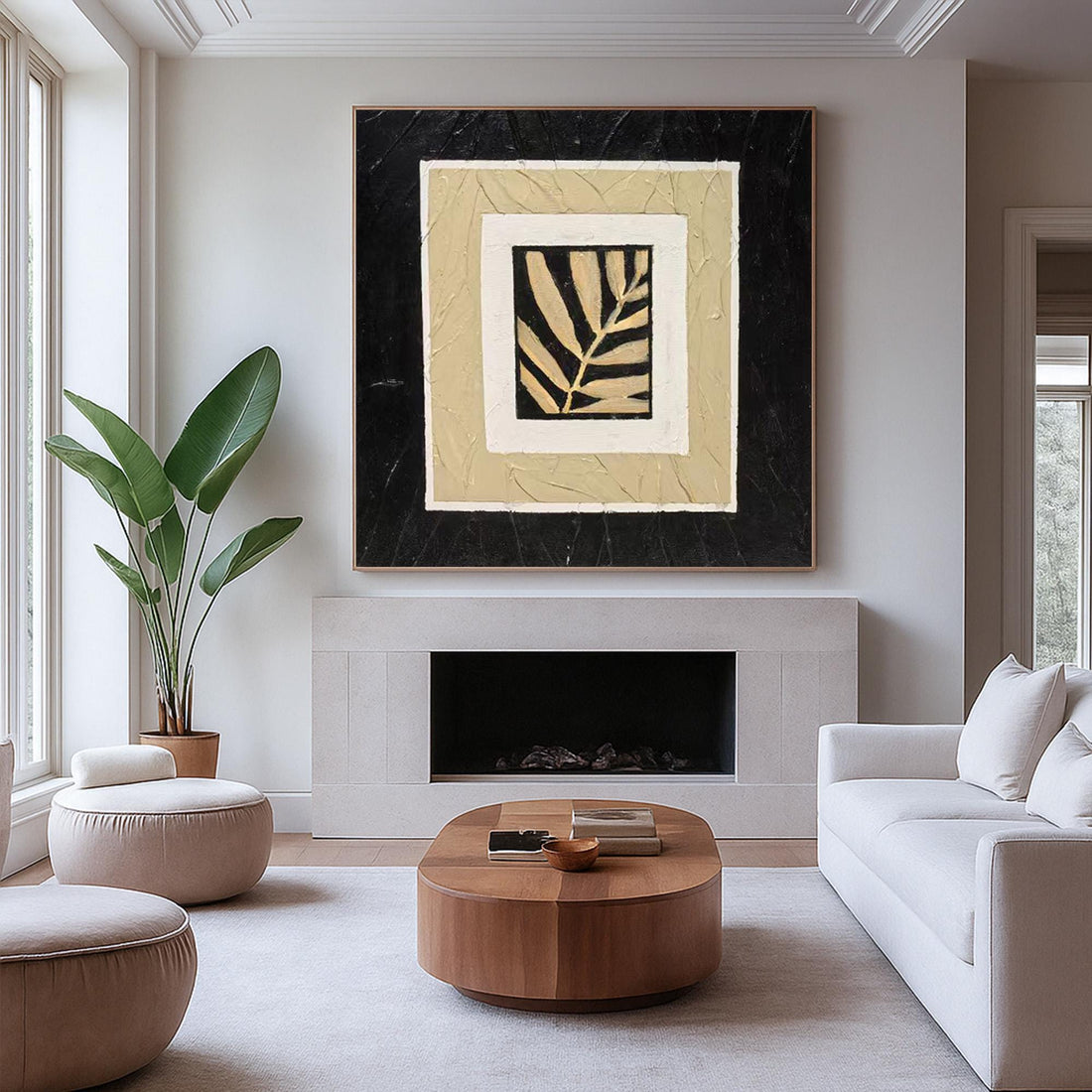 The image is a square painting with a black background and a white border. The painting features a central black and white leaf design.