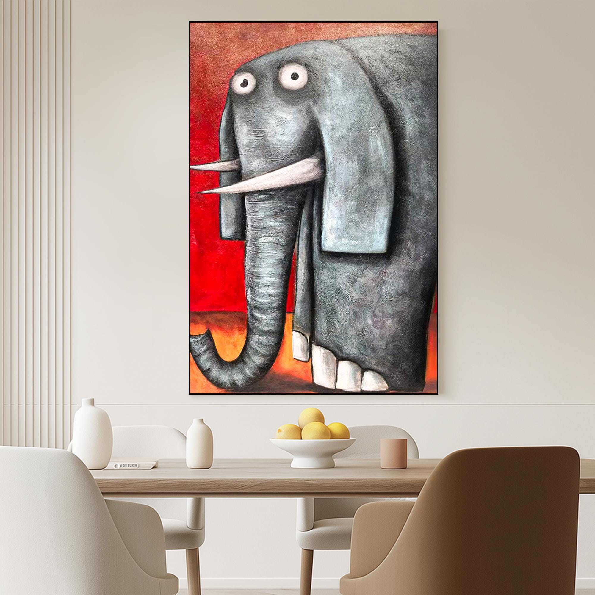 Whimsical Elephant Oil Painting on Canvas, Quirky Red Gray Animal Art for Kids Room or Playroom Decor, Textured Funny Wildlife Wall Art