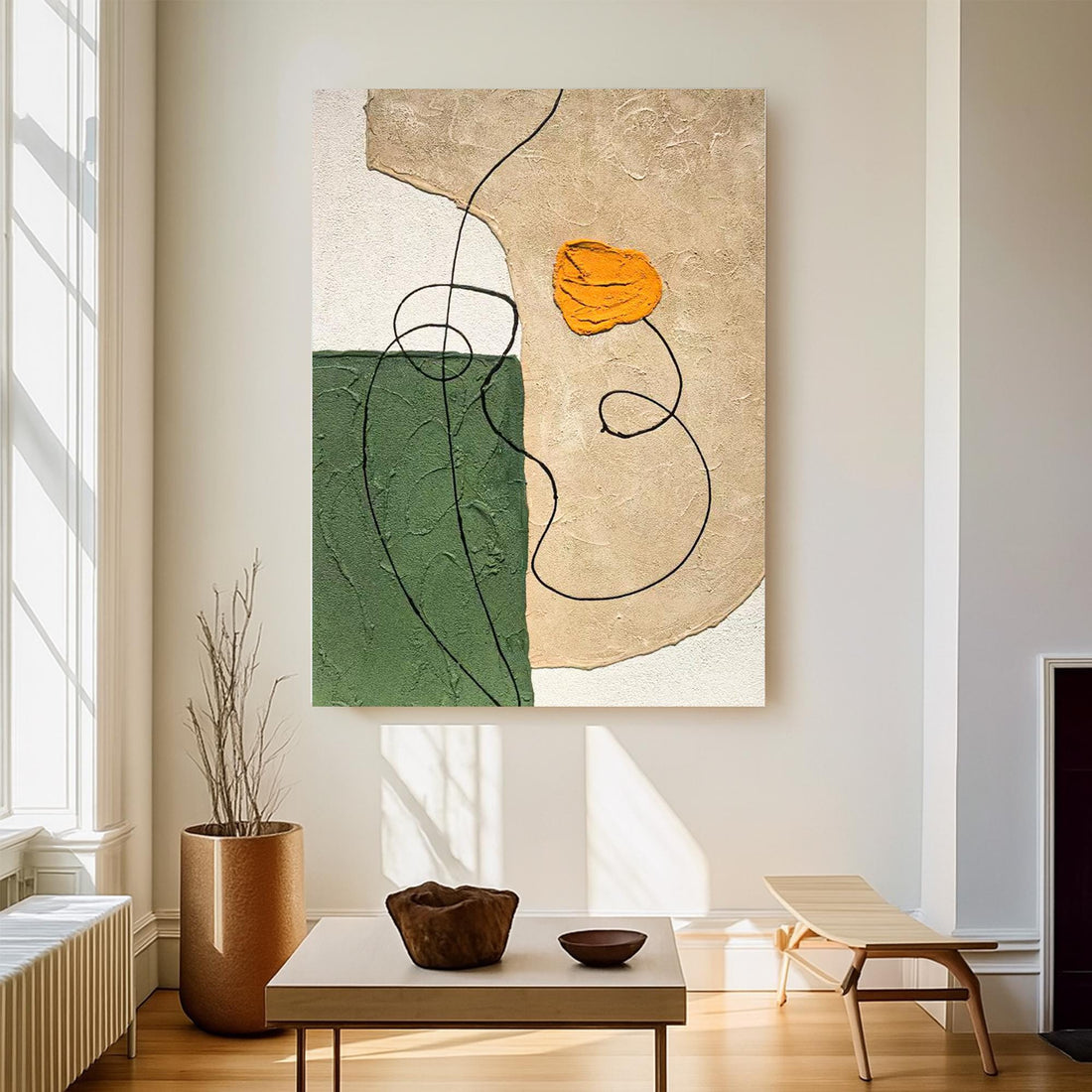 The image is an abstract painting featuring a large orange shape in the center, surrounded by various lines and shapes in different colors and textures, including green and beige.