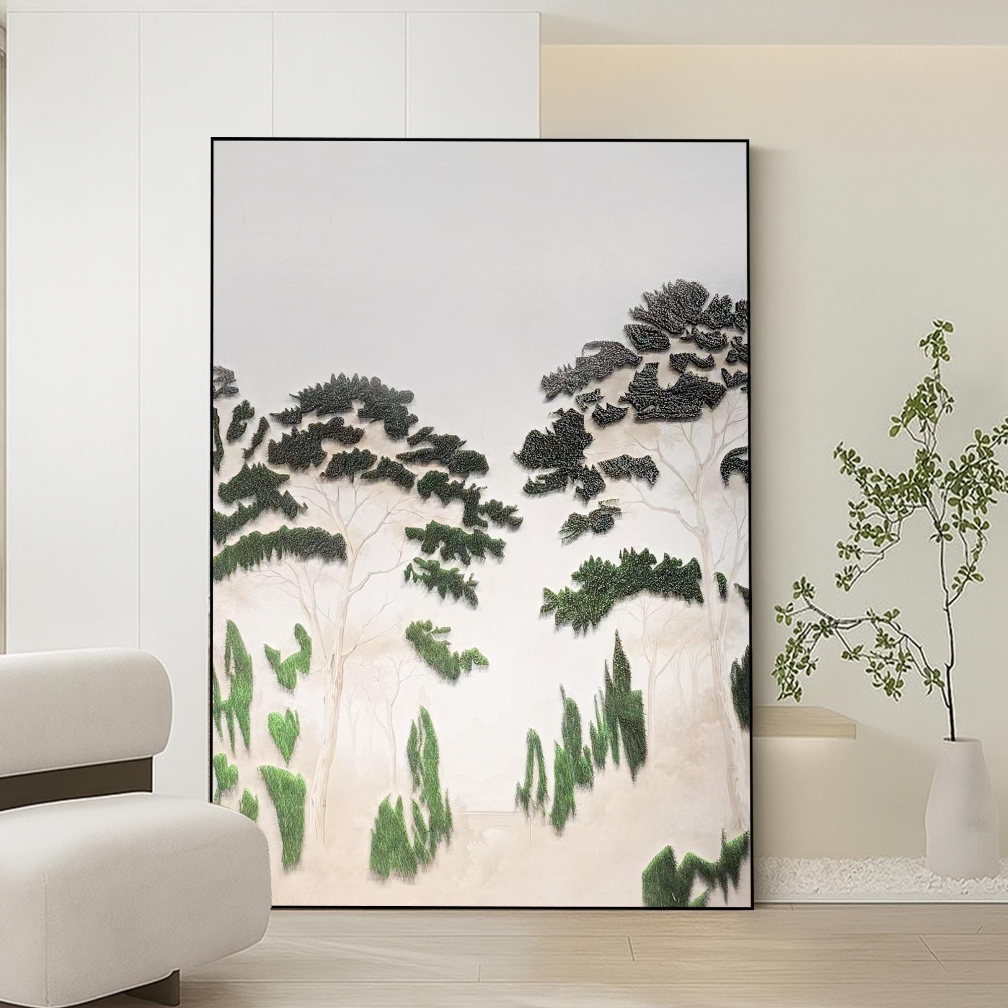 Minimalist Landscape Oil Painting on Canvas, Textured Tree Wall Art, Serene Hand-Painted Nature Decor for Modern Neutral Home