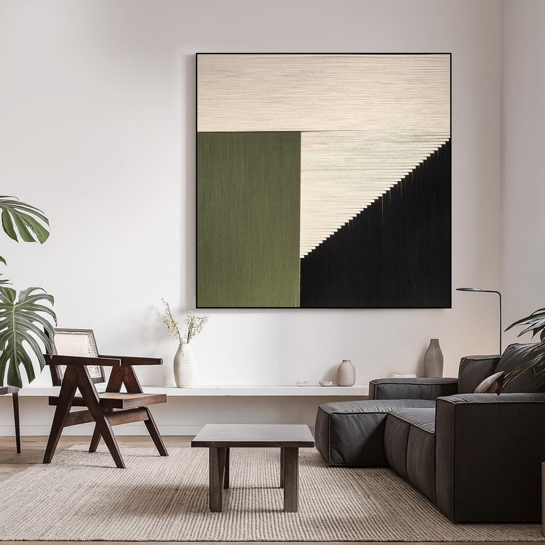 The image is a square-shaped abstract artwork with a geometric design. It features a combination of green, white, and black colors, creating a visually striking contrast.