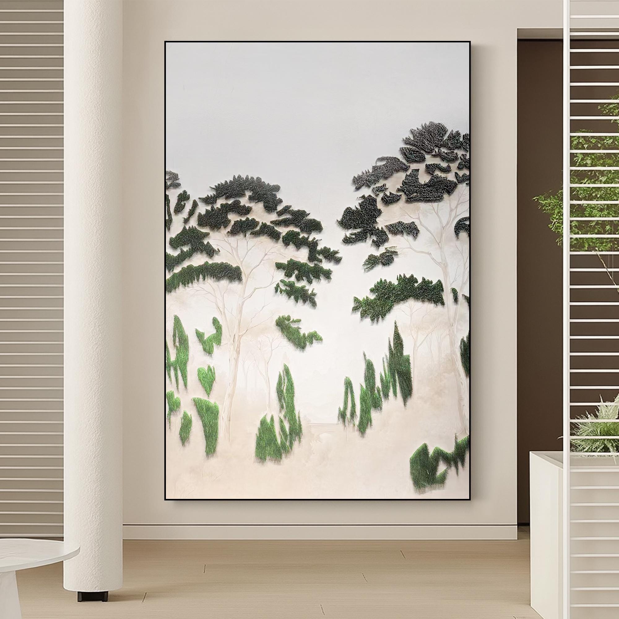 Minimalist Landscape Oil Painting on Canvas, Textured Tree Wall Art, Serene Hand-Painted Nature Decor for Modern Neutral Home