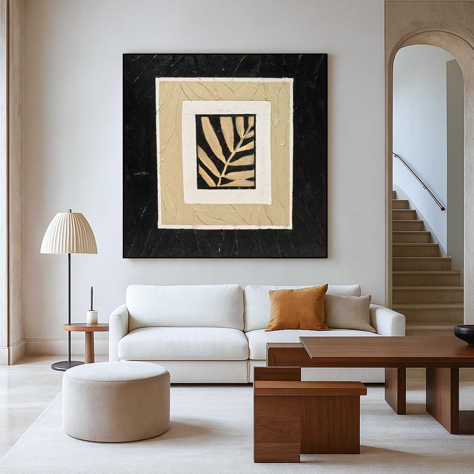 Textured Neutral Leaf Art on Canvas, Minimalist Black Beige Botanical Painting, Modern Framed Nature Wall Decor, Original Handmade Artwork