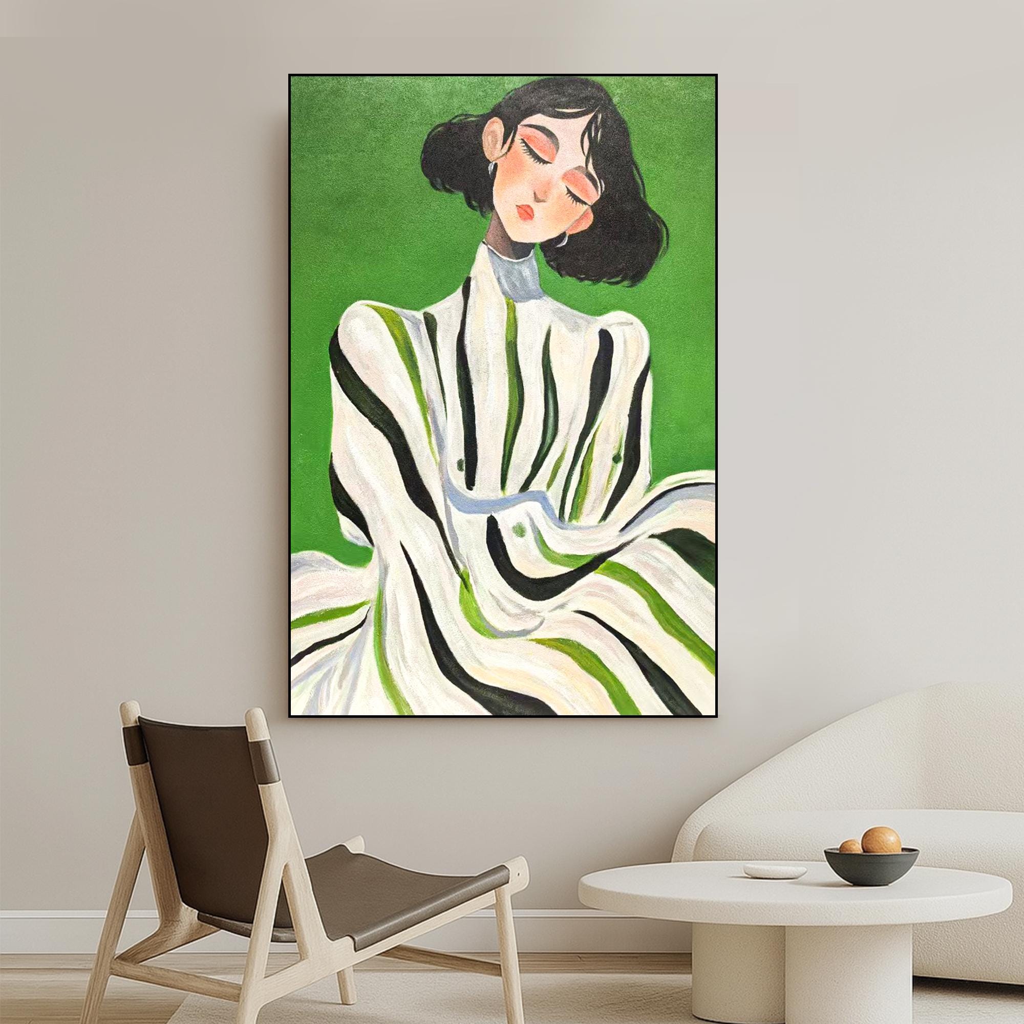 Minimalist Woman Portrait Oil Painting on Canvas | Hand-Painted Modern Female Wall Art | Green Background Abstract Figurative Home Decor