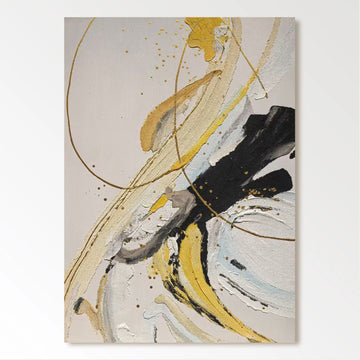 The image is an abstract painting with a mix of yellow, black, and white colors, creating a dynamic and visually striking composition.
