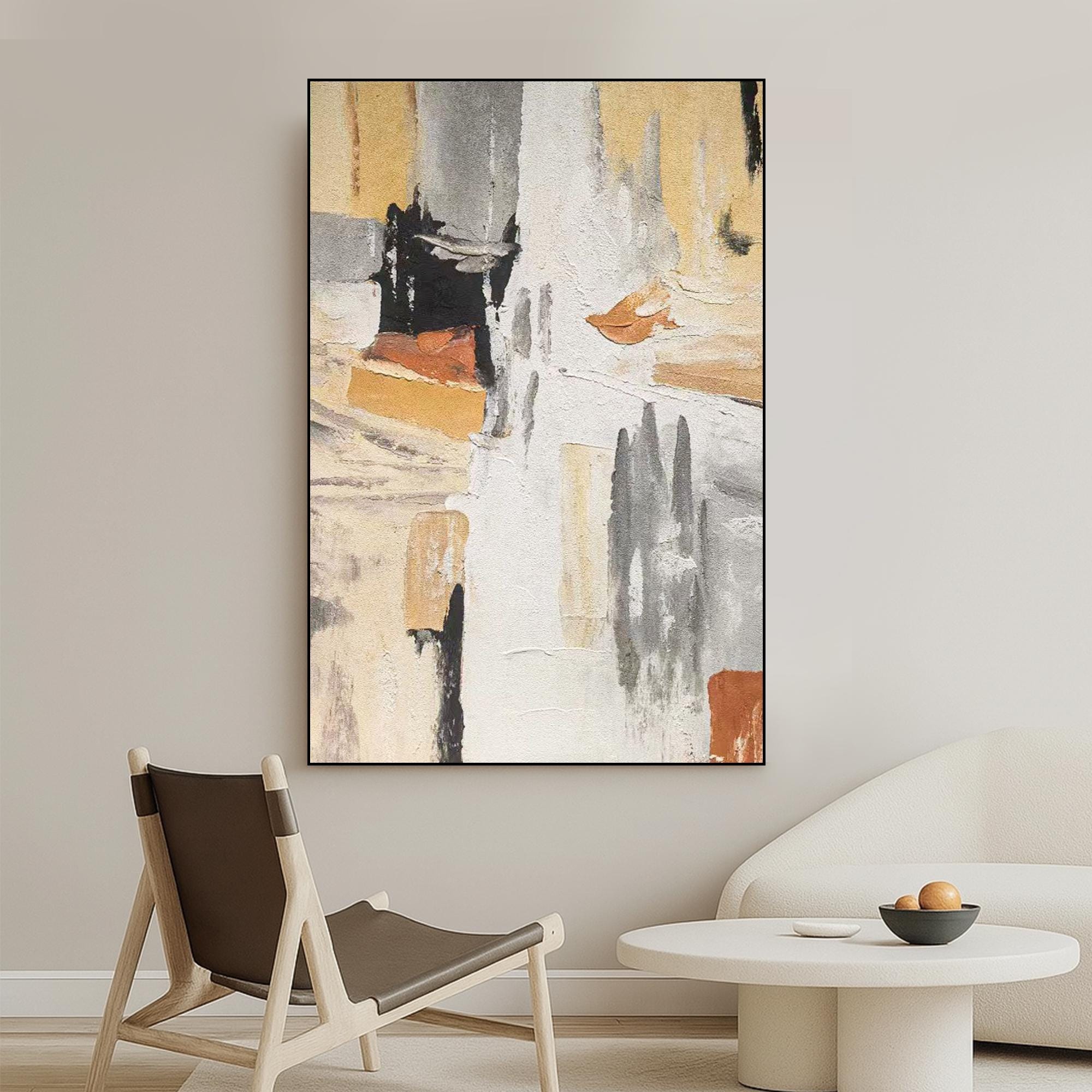 Neutral Abstract Painting on Canvas - Handmade Textured Modern Wall Art with Beige Grey Black Accents for Minimalist Living Room Decor