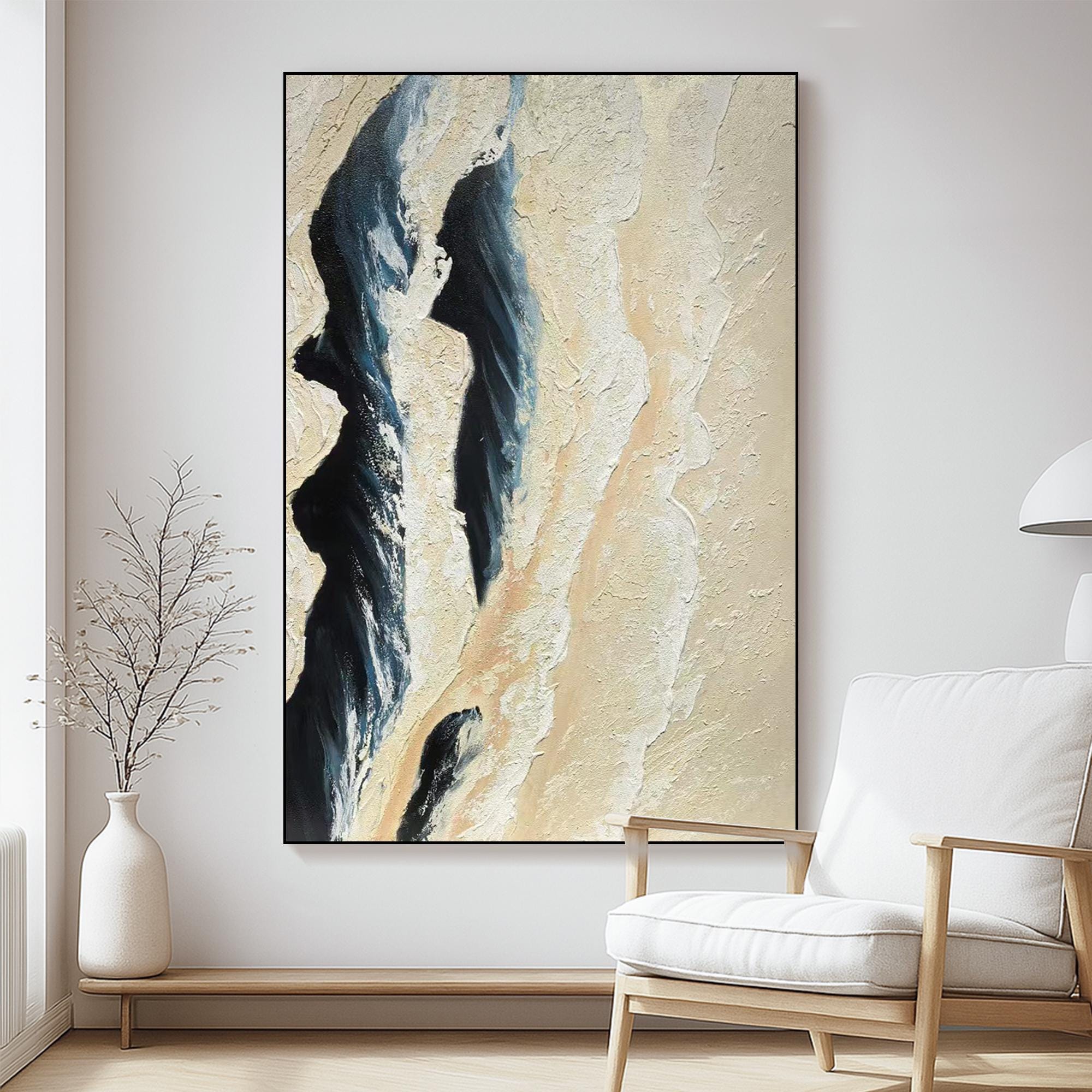 Textured Abstract Desert Wall Art, Neutral Beige Navy Painting on Canvas, Modern Minimalist Sand Dune Artwork for Living Room Decor