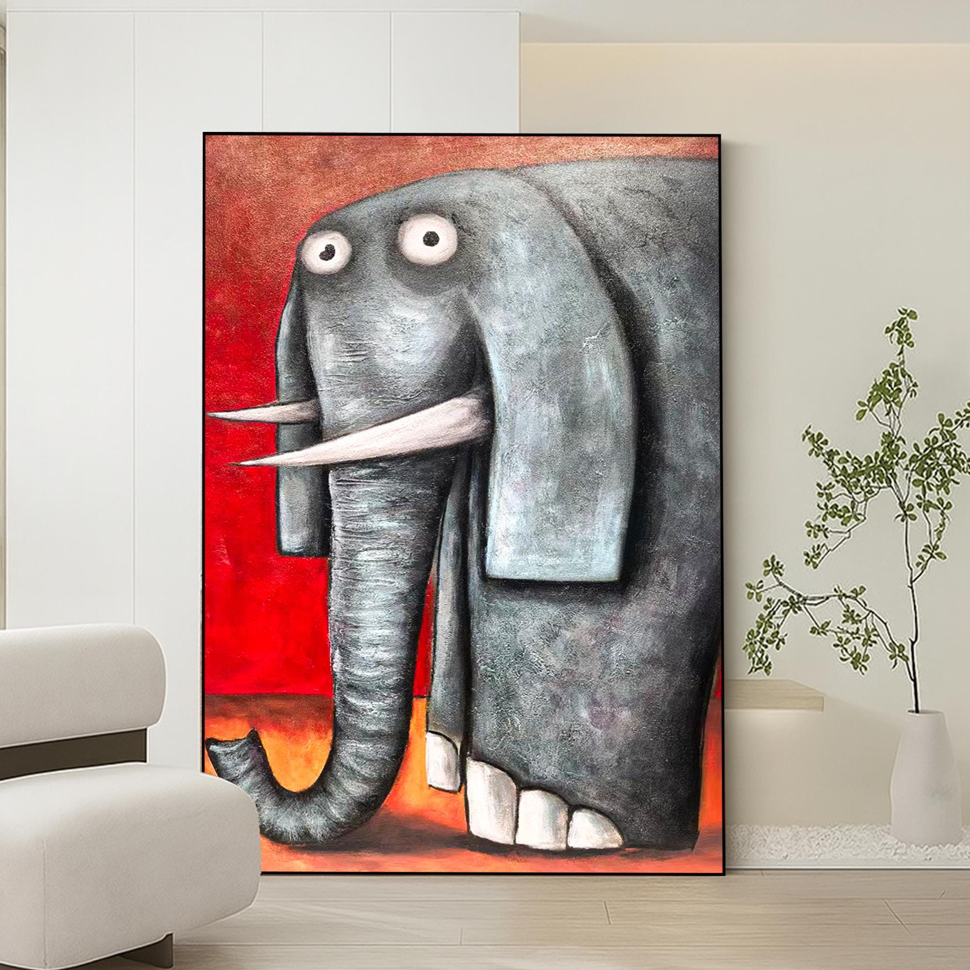 Whimsical Elephant Oil Painting on Canvas, Quirky Red Gray Animal Art for Kids Room or Playroom Decor, Textured Funny Wildlife Wall Art