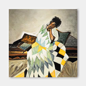 The image is an oil painting depicting a woman sitting on a bench, wearing a colorful, geometric-patterned dress.