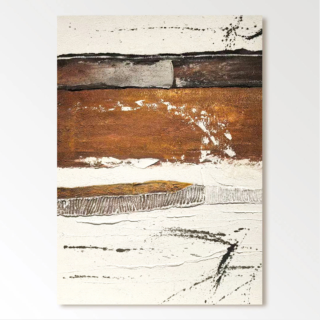 The image is an abstract painting featuring a variety of textures and colors, including brown, white, and black.