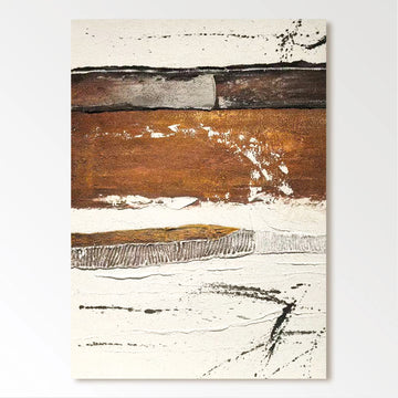 The image is an abstract painting featuring a variety of textures and colors, including brown, white, and black.
