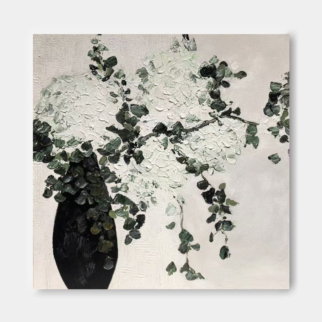 The image is a painting of a vase filled with white flowers and green leaves.