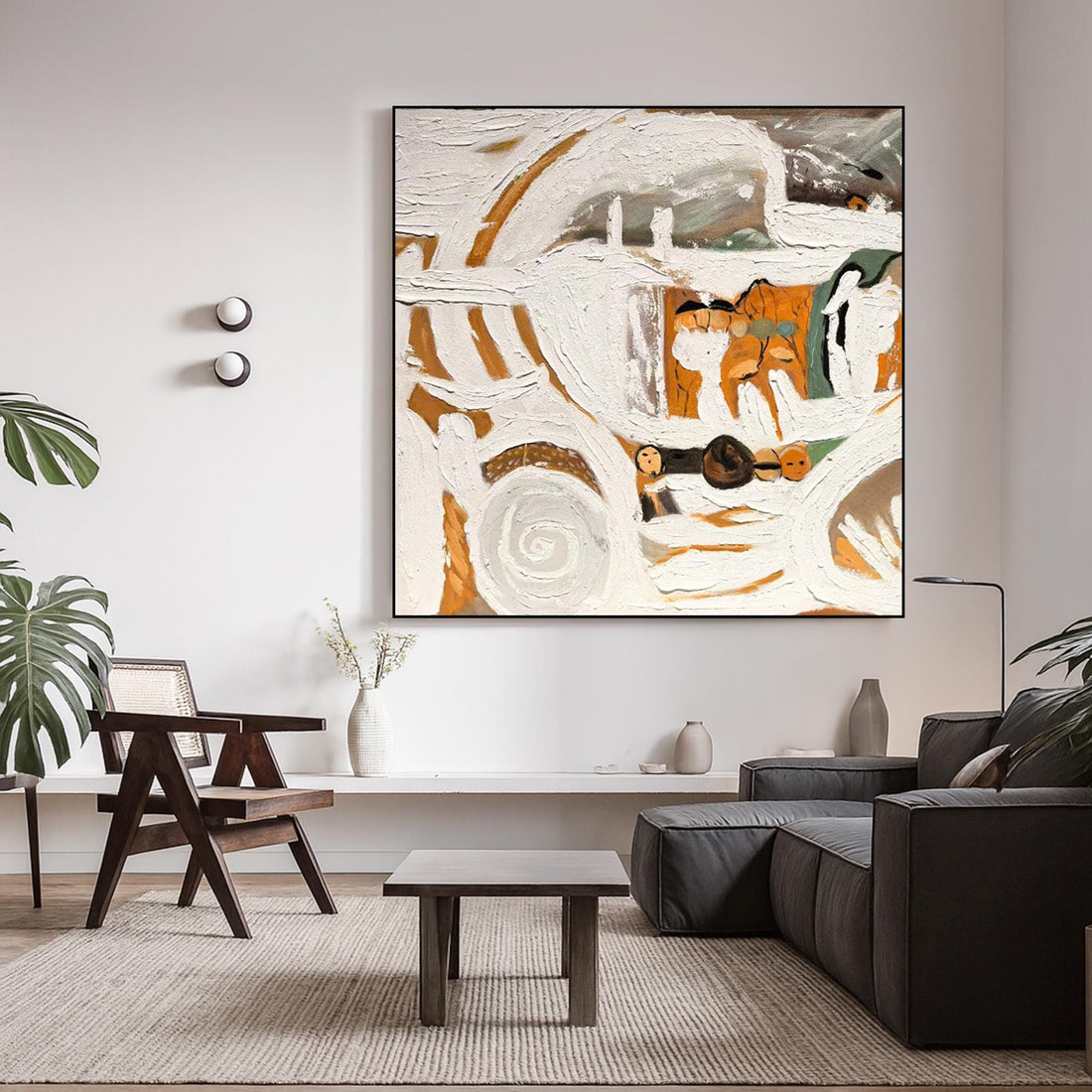 The image is an abstract painting featuring a variety of shapes, colors, and textures. The painting is predominantly white, with splashes of orange, green, and brown adding depth and complexity to the composition. The overall style of the artwork is modern and contemporary, with a focus on the interplay of these elements.