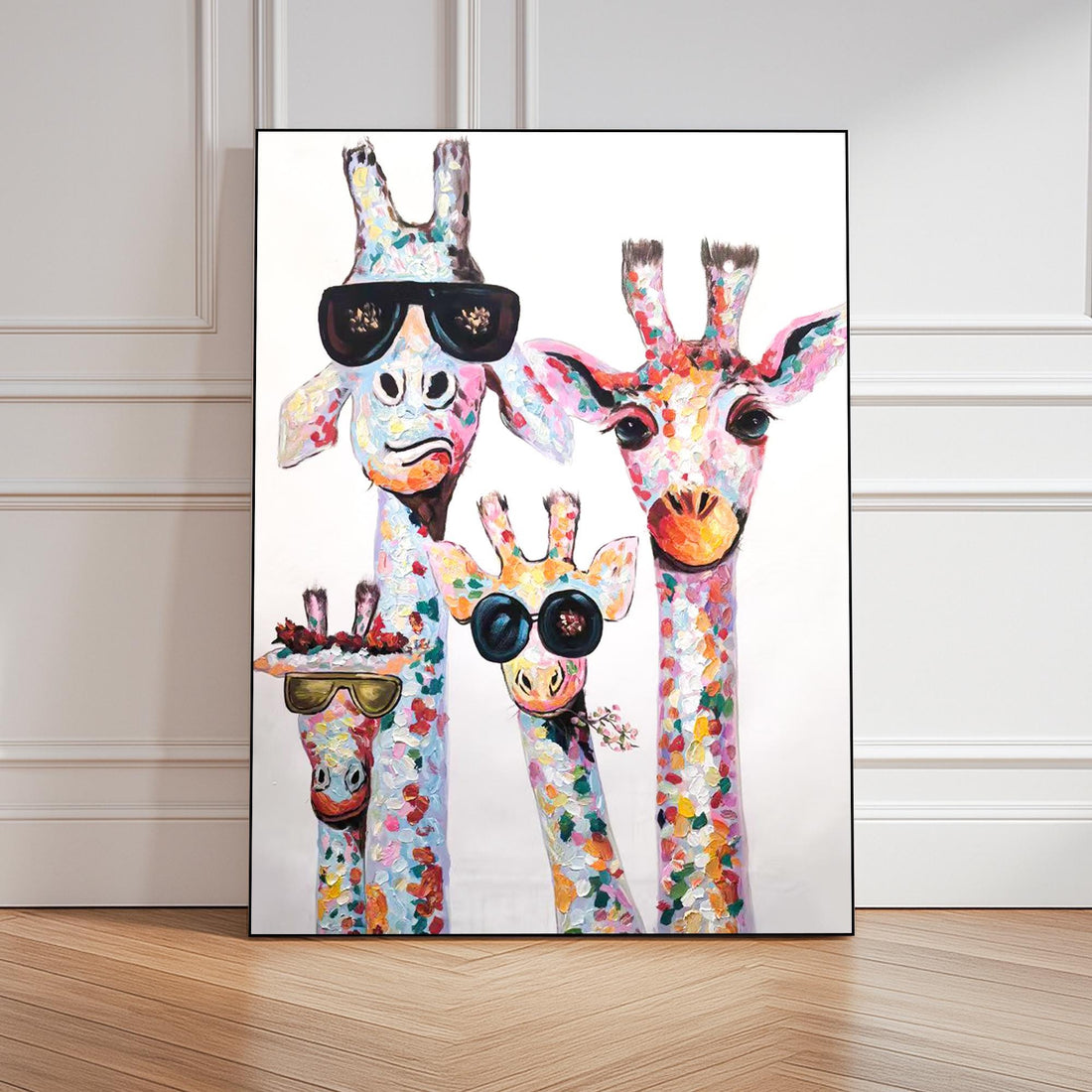 A group of four giraffes with colorful, abstract patterns on their bodies, wearing sunglasses and standing together.