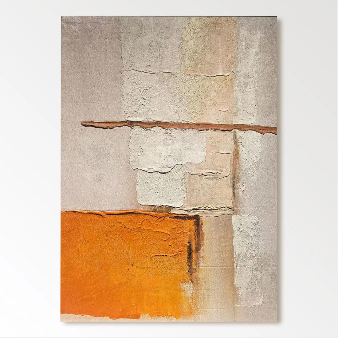 The image is an abstract painting featuring a combination of white, orange, and beige colors. The painting has a textured appearance, with visible brushstrokes and layers of paint.
