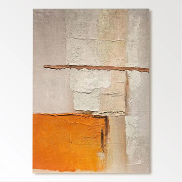The image is an abstract painting featuring a combination of white, orange, and beige colors. The painting has a textured appearance, with visible brushstrokes and layers of paint.