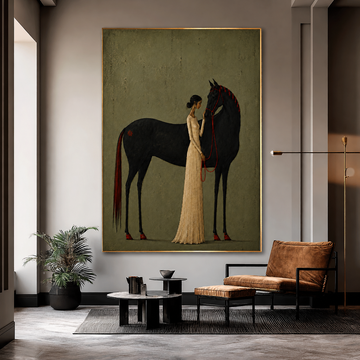 Textured Green Original Woman Horse Rider Oil Painting