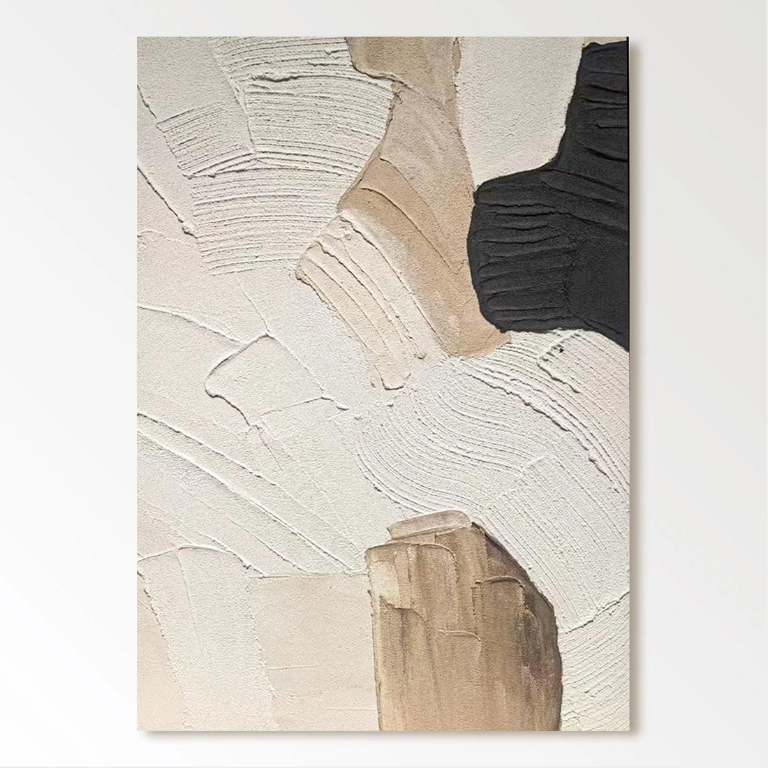 The image is a rectangular abstract artwork featuring a combination of white, beige, and black textures and shapes.