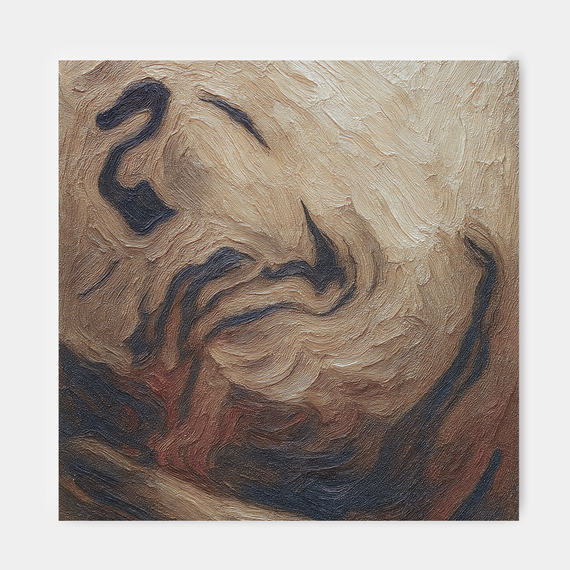 The image is an abstract painting with a mix of brown, black, and red colors, creating a dynamic and visually striking composition.
