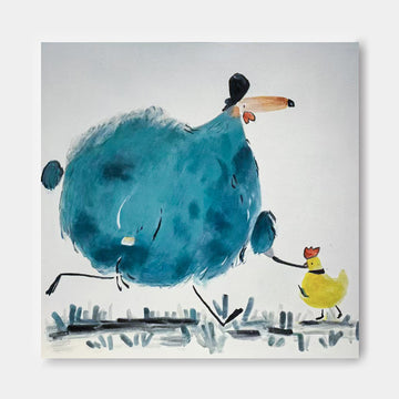 a large, blue bird with a black hat and a smaller yellow bird walking together.