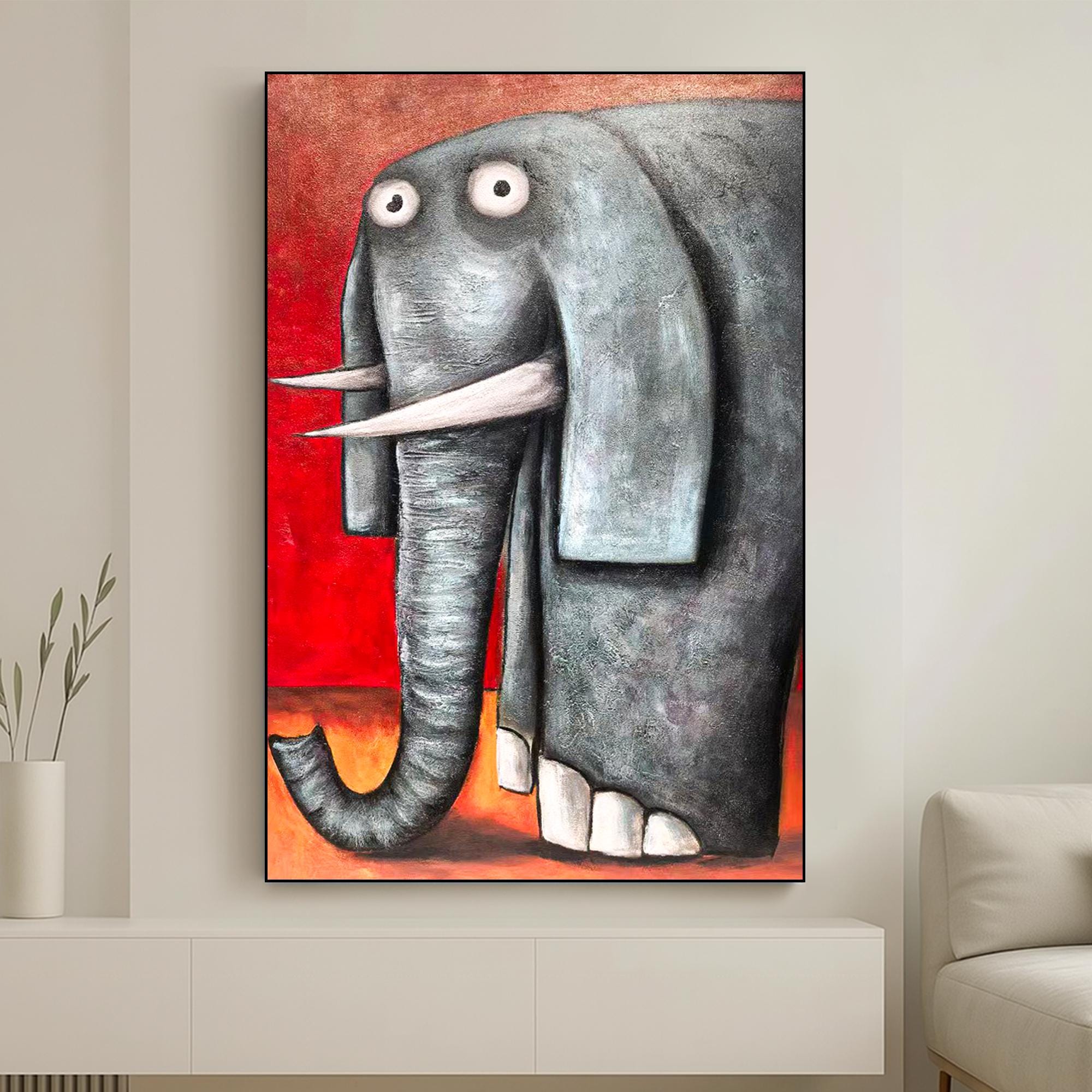 Whimsical Elephant Oil Painting on Canvas, Quirky Red Gray Animal Art for Kids Room or Playroom Decor, Textured Funny Wildlife Wall Art