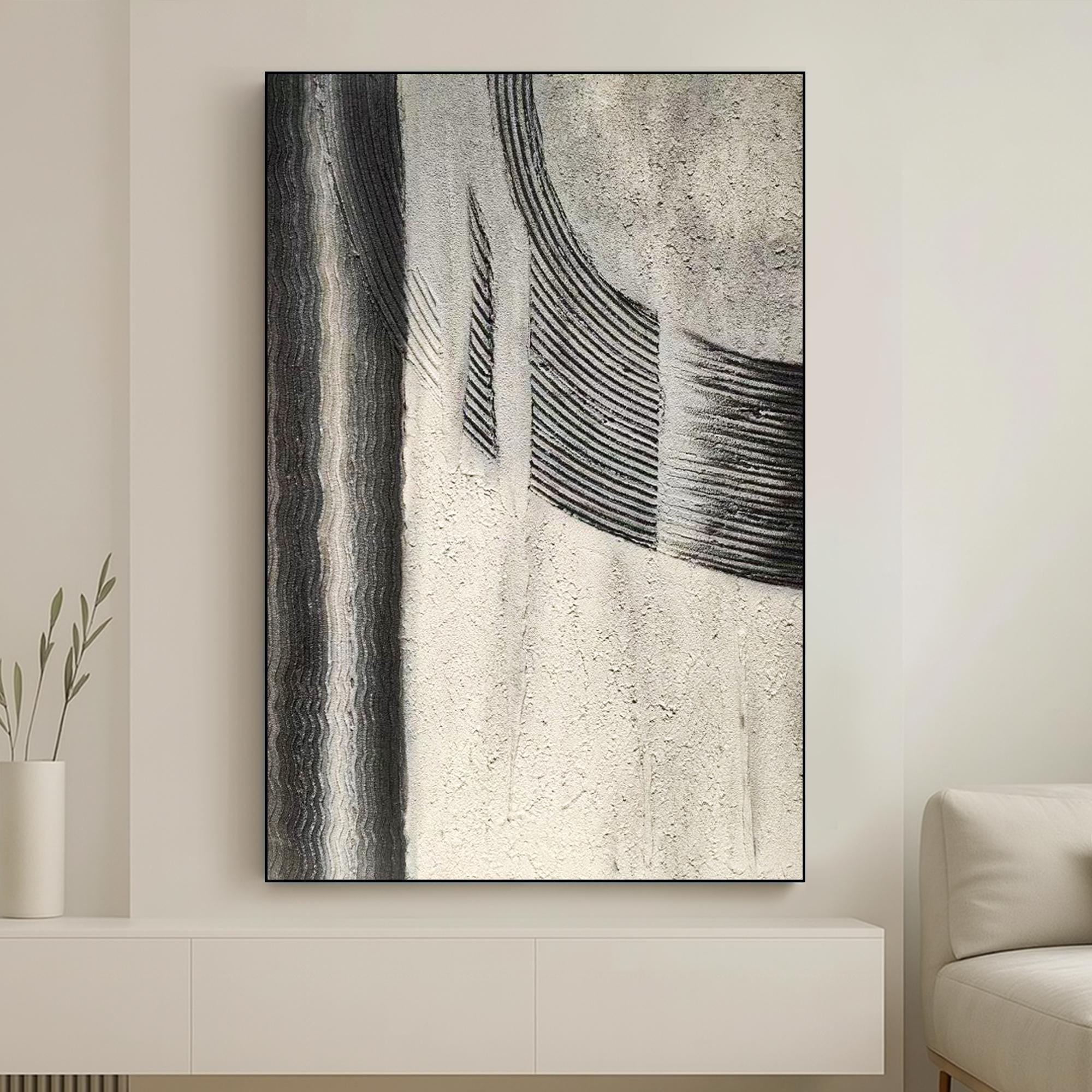 Neutral Textured Vertical Abstract Painting on Canvas Hand Painted Black Grey Wall Art Minimal Modern Tactile Artwork for Hallway or Office