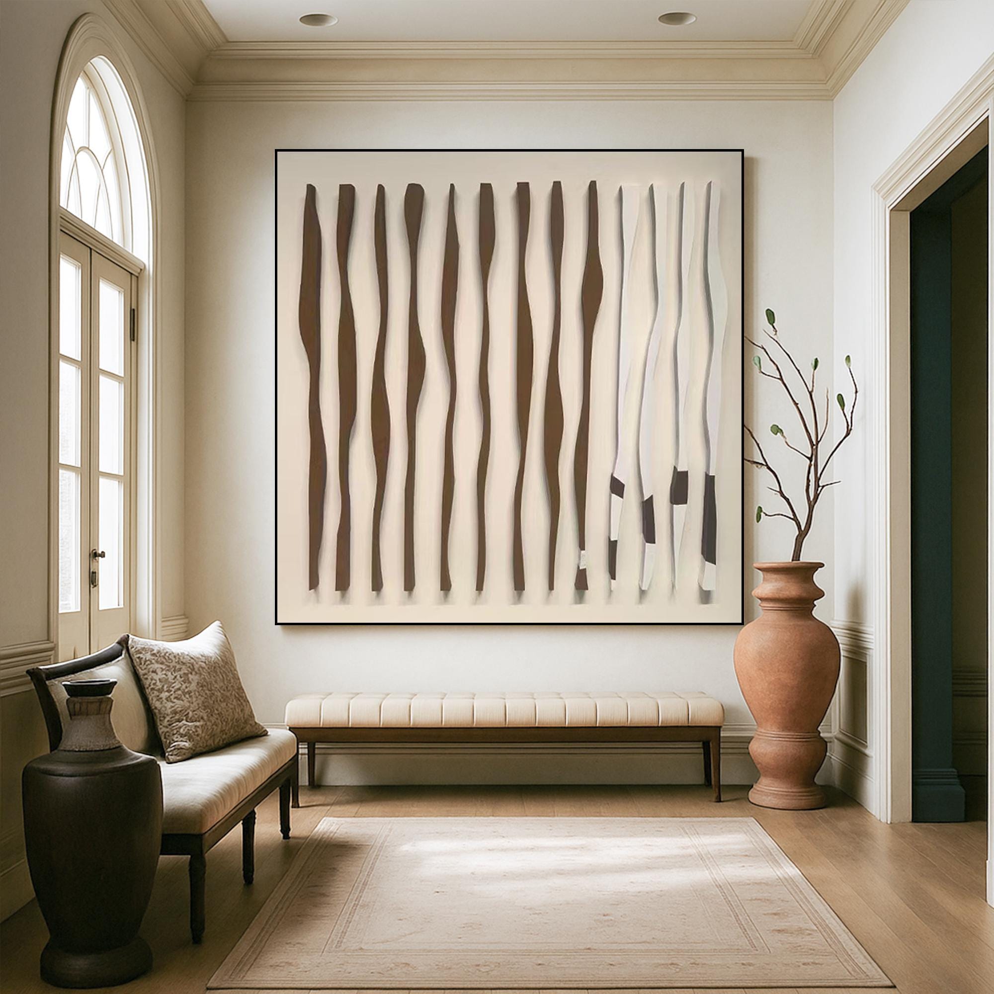 Neutral Abstract Wavy Line Oil Painting on Canvas, Modern Hand Painted 3D Wall Art, Beige Brown Minimalist Texture Artwork for Living Room