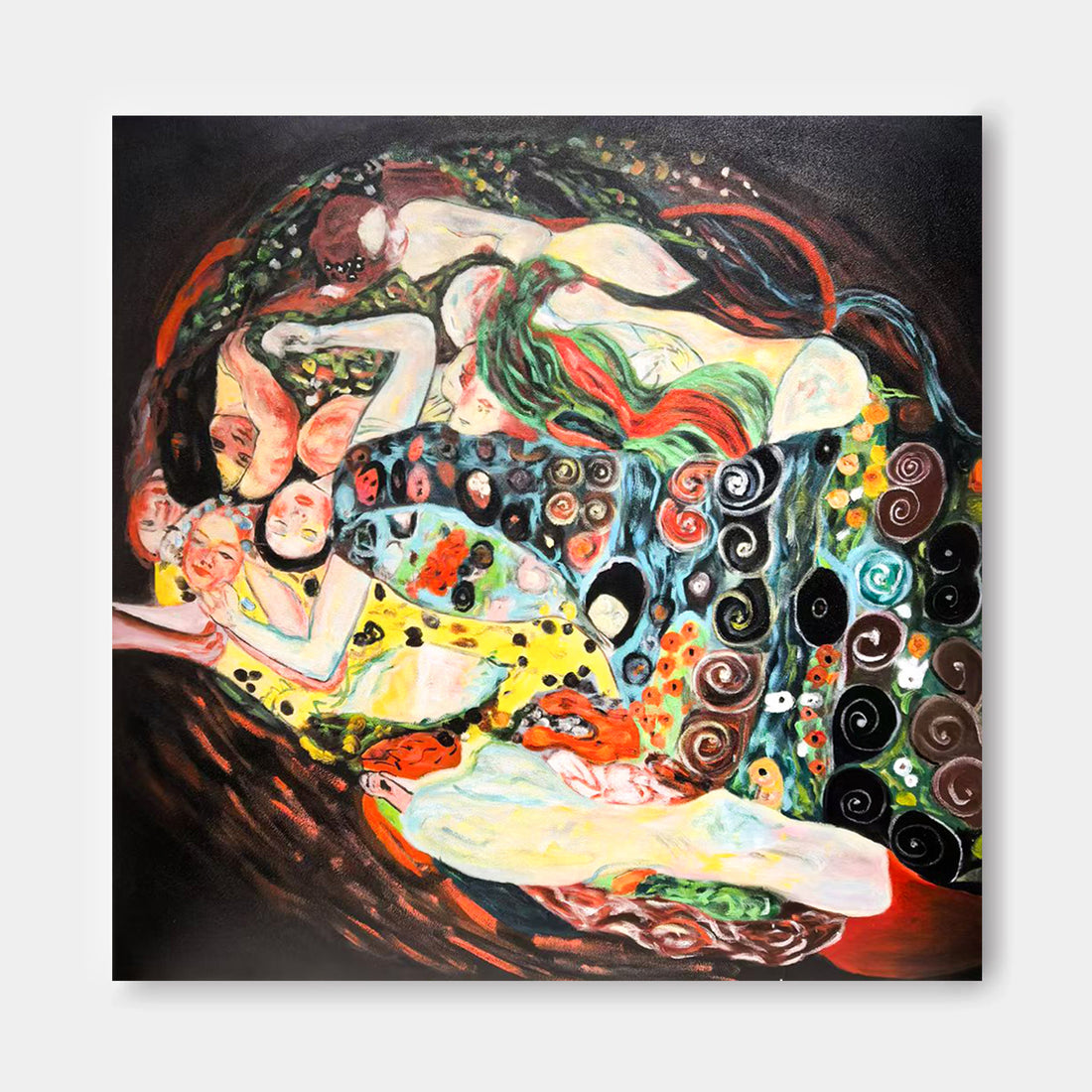 The image is a vibrant and colorful abstract painting featuring a variety of shapes, patterns, and textures.