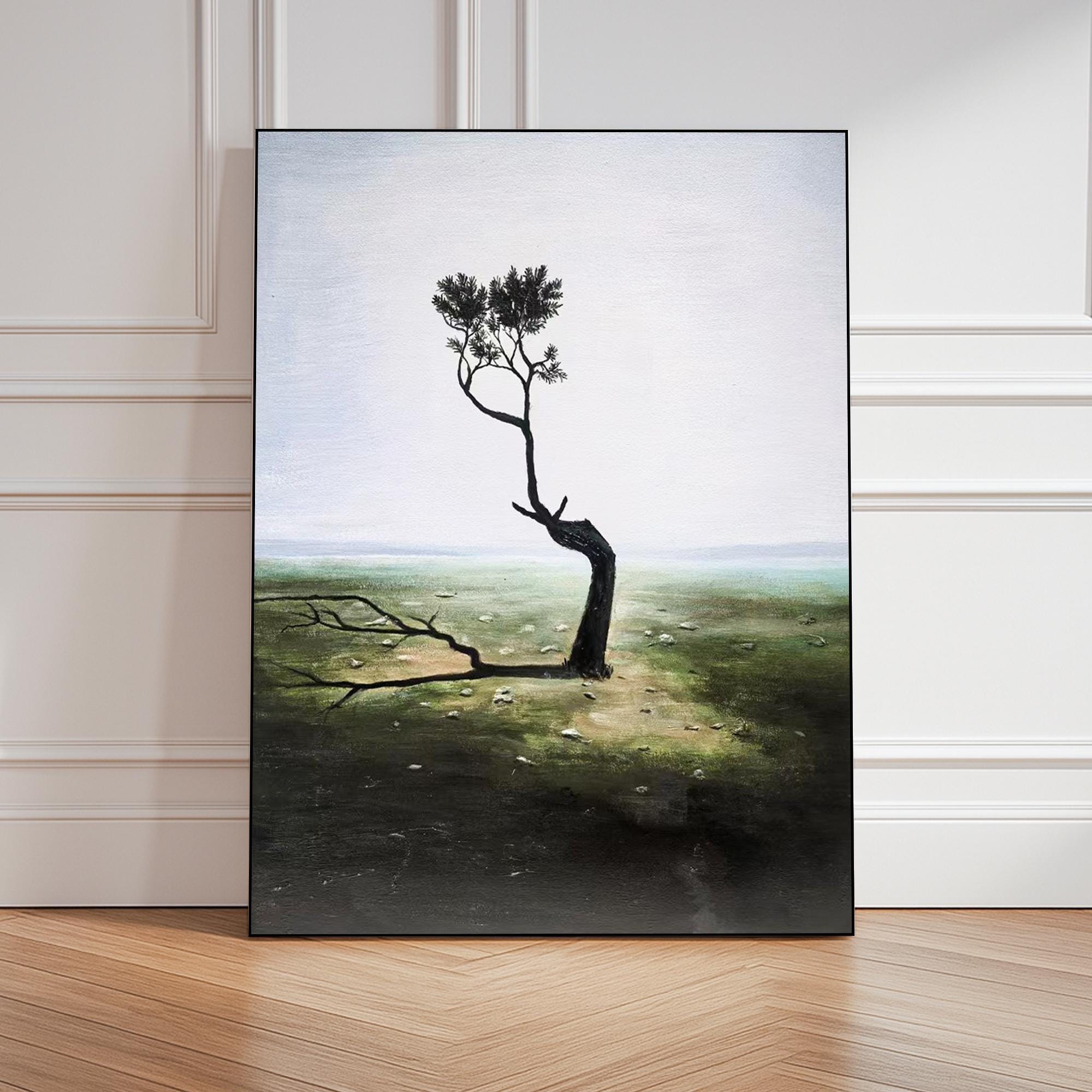 Original Minimalist Tree Oil Painting on Canvas, Hand-Painted Surreal Nature Landscape Art, Moody Solitary Wall Décor for Calm Interiors