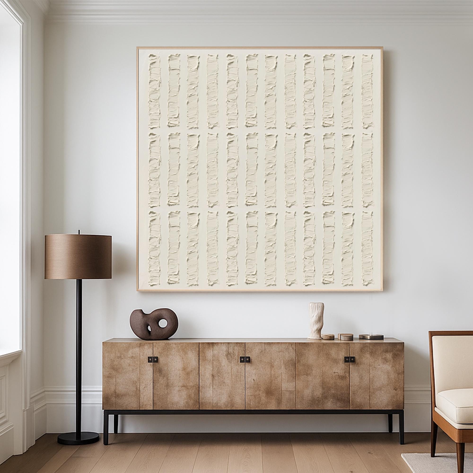 Vertical Line Textured Wall Art Neutral Minimalist Abstract Canvas Painting, Handmade Modern Relief Artwork for Japandi or Earthy Decor