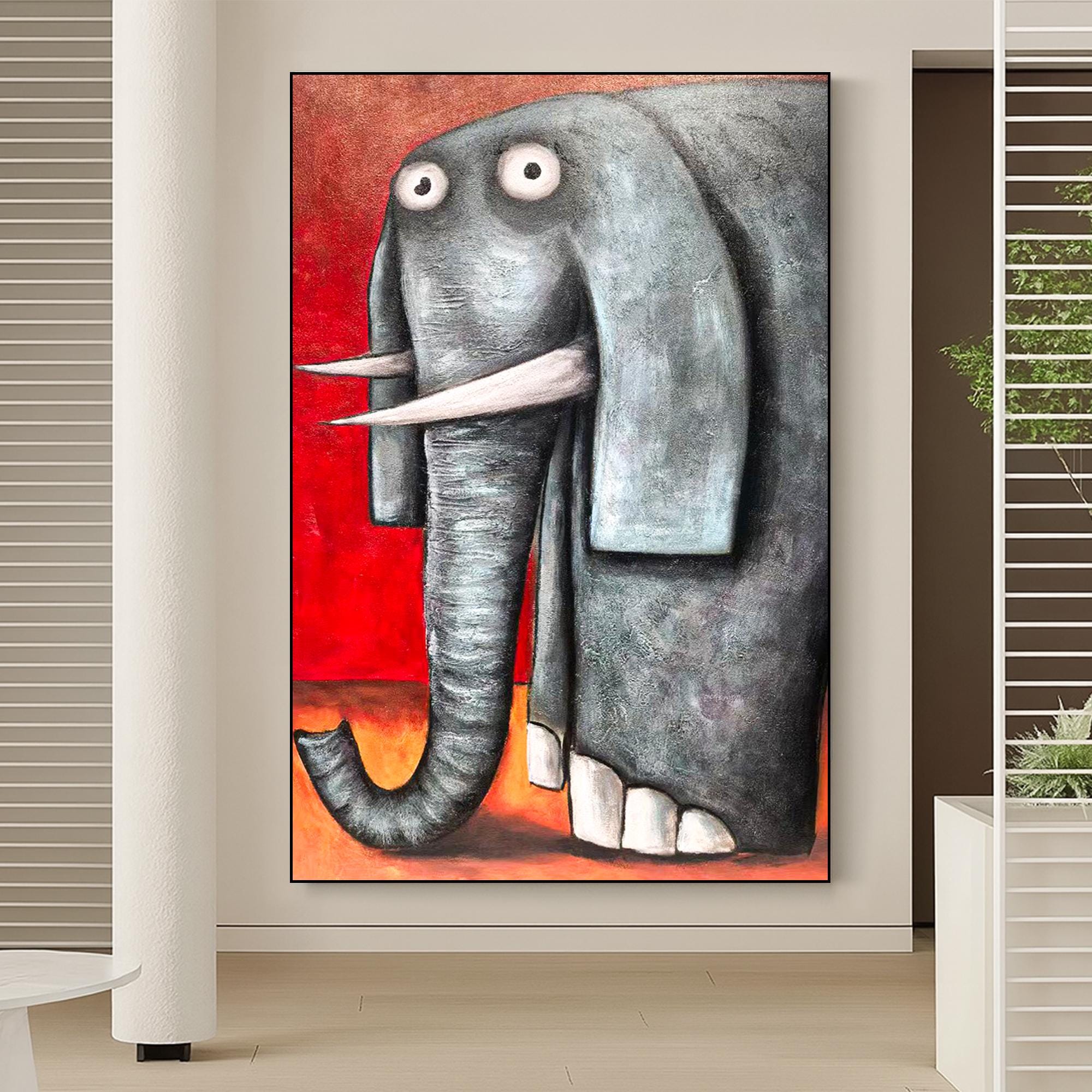 Whimsical Elephant Oil Painting on Canvas, Quirky Red Gray Animal Art for Kids Room or Playroom Decor, Textured Funny Wildlife Wall Art