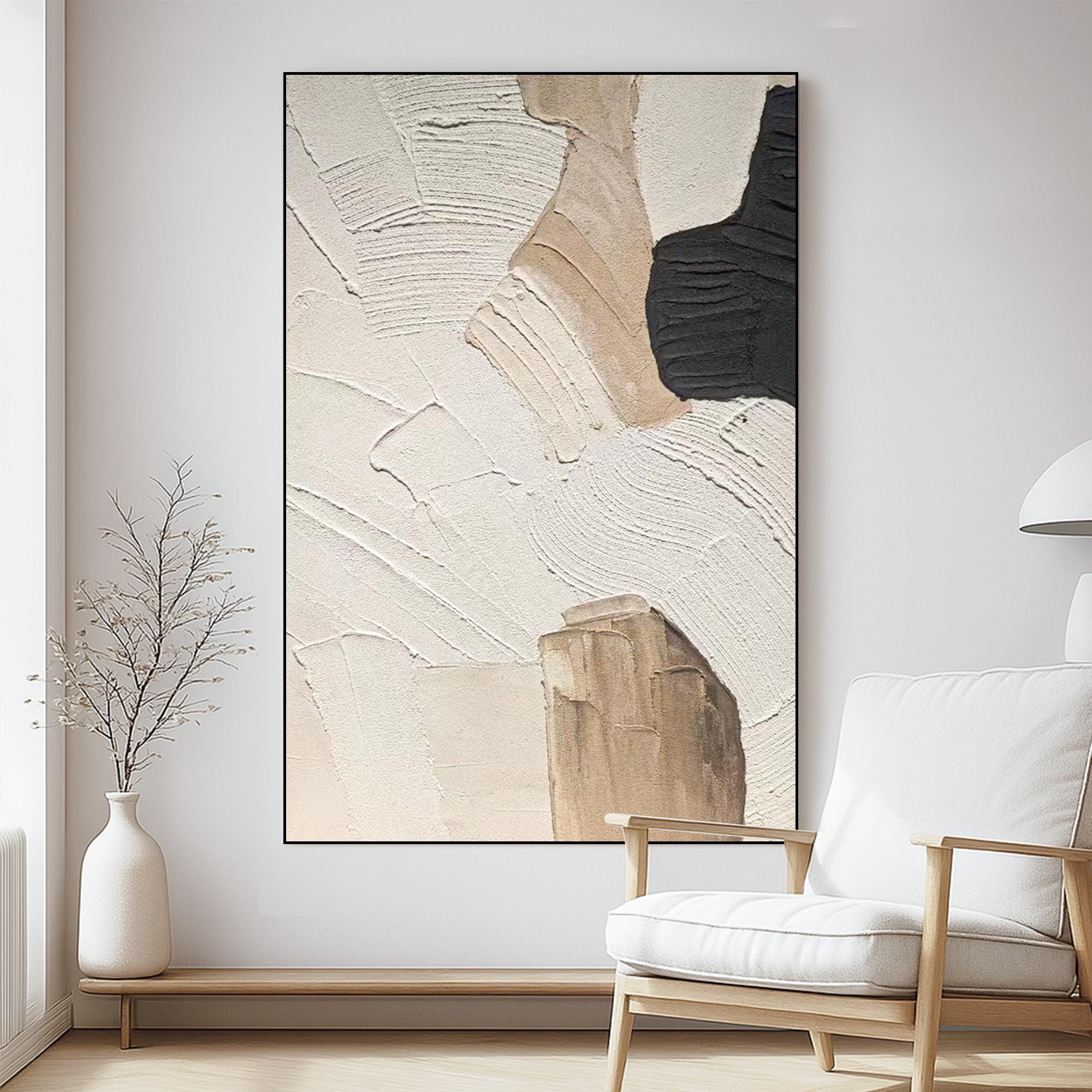 Beige and Black Abstract Painting on Canvas  Hand Painted Modern Neutral Wall Art  Minimal Earth Tone Artwork for Cozy Living Spaces