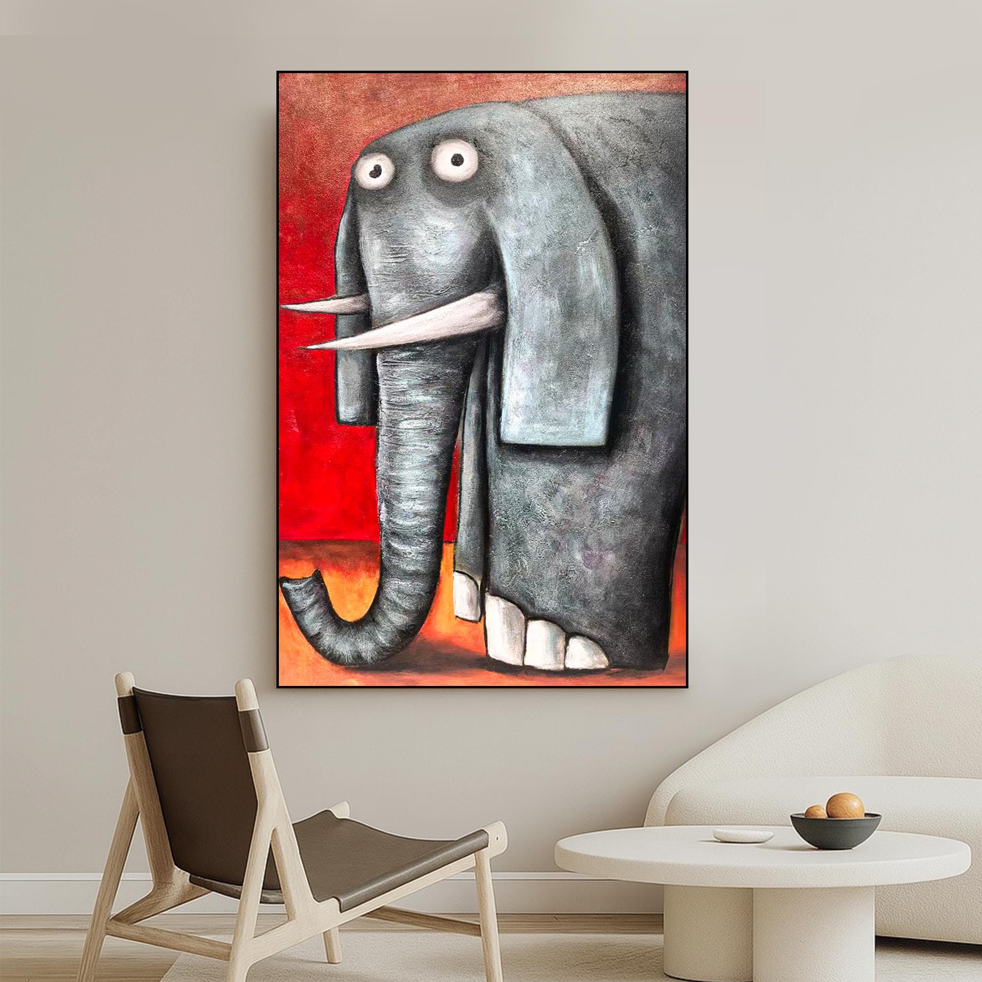 Whimsical Elephant Oil Painting on Canvas, Quirky Red Gray Animal Art for Kids Room or Playroom Decor, Textured Funny Wildlife Wall Art