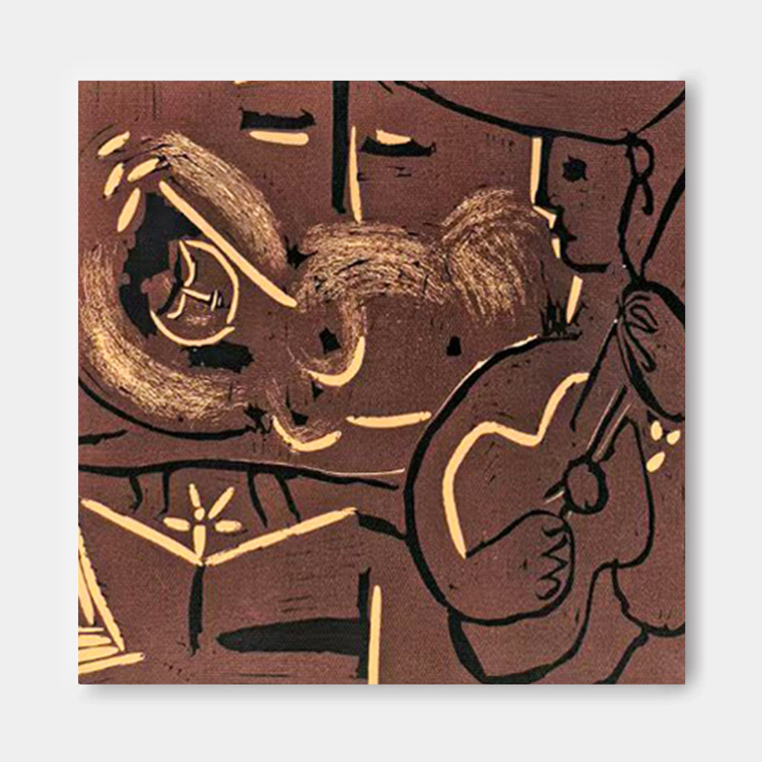 The image is an abstract painting featuring a woman lying down and playing a guitar.