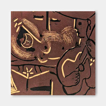 The image is an abstract painting featuring a woman lying down and playing a guitar.