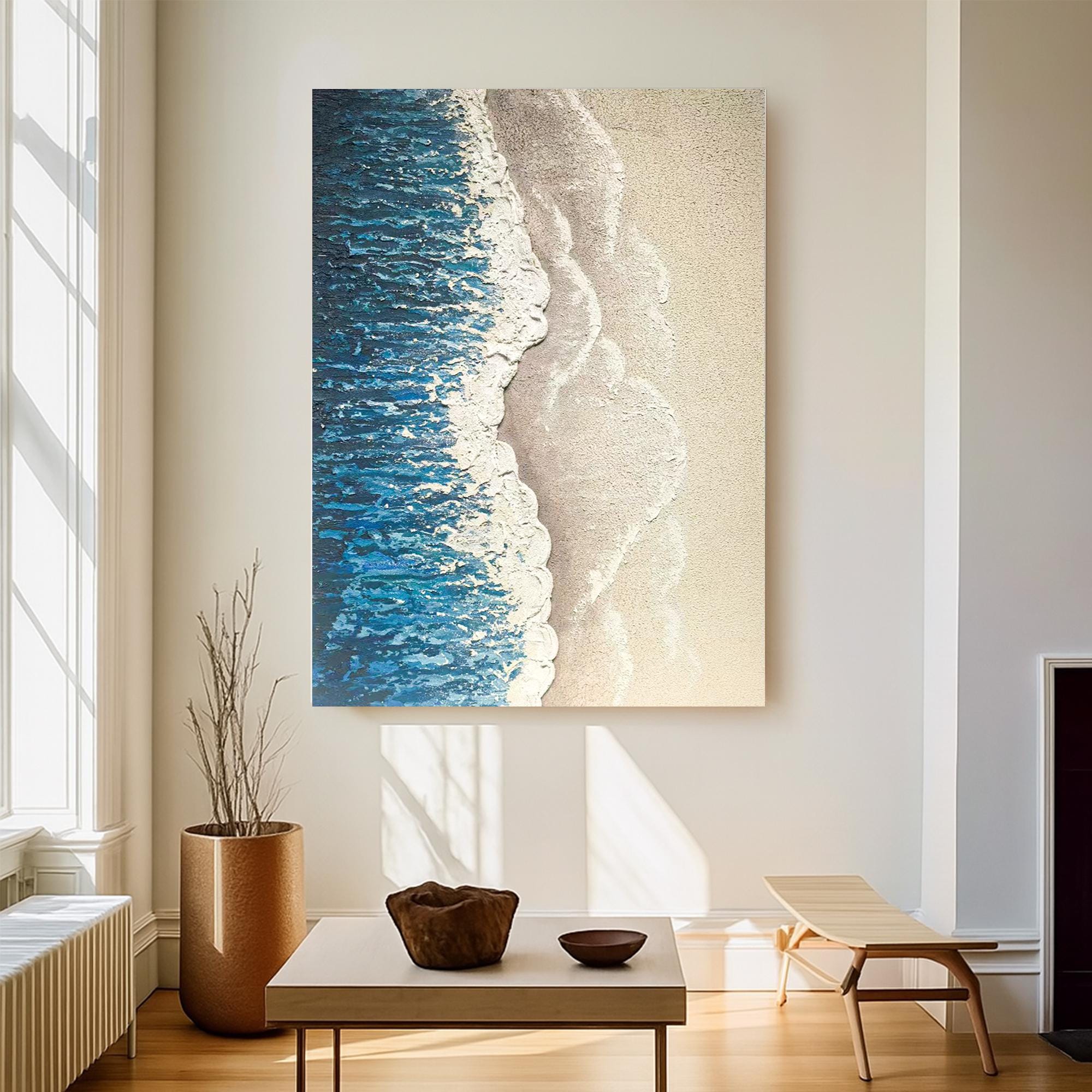 Textured Beach Ocean Painting on Canvas - Coastal Blue and Sand Abstract Wall Art - Handmade 3D Oil Artwork for Seaside or Nautical Decor