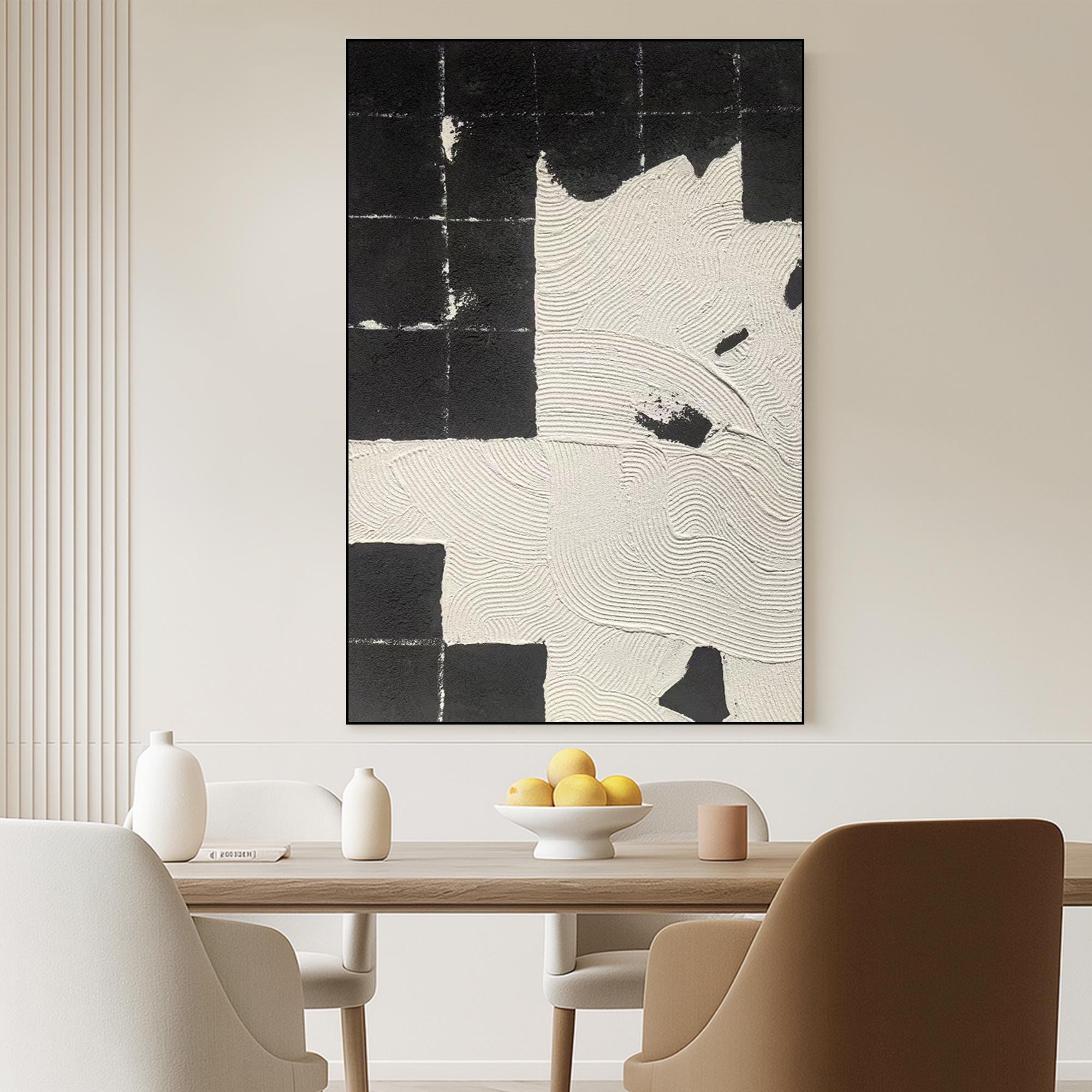 Black And White Textured Abstract Painting | Handmade Minimalist Oil Art With Geometric Texture | Modern Zen Canvas Wall Decor Vertical