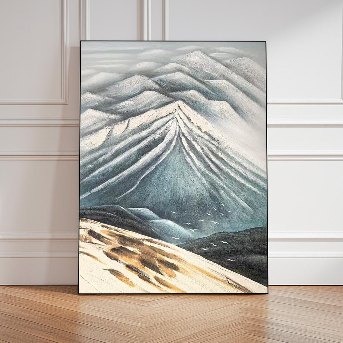 a majestic mountain range with snow-capped peaks and a hazy, blue sky in the background.