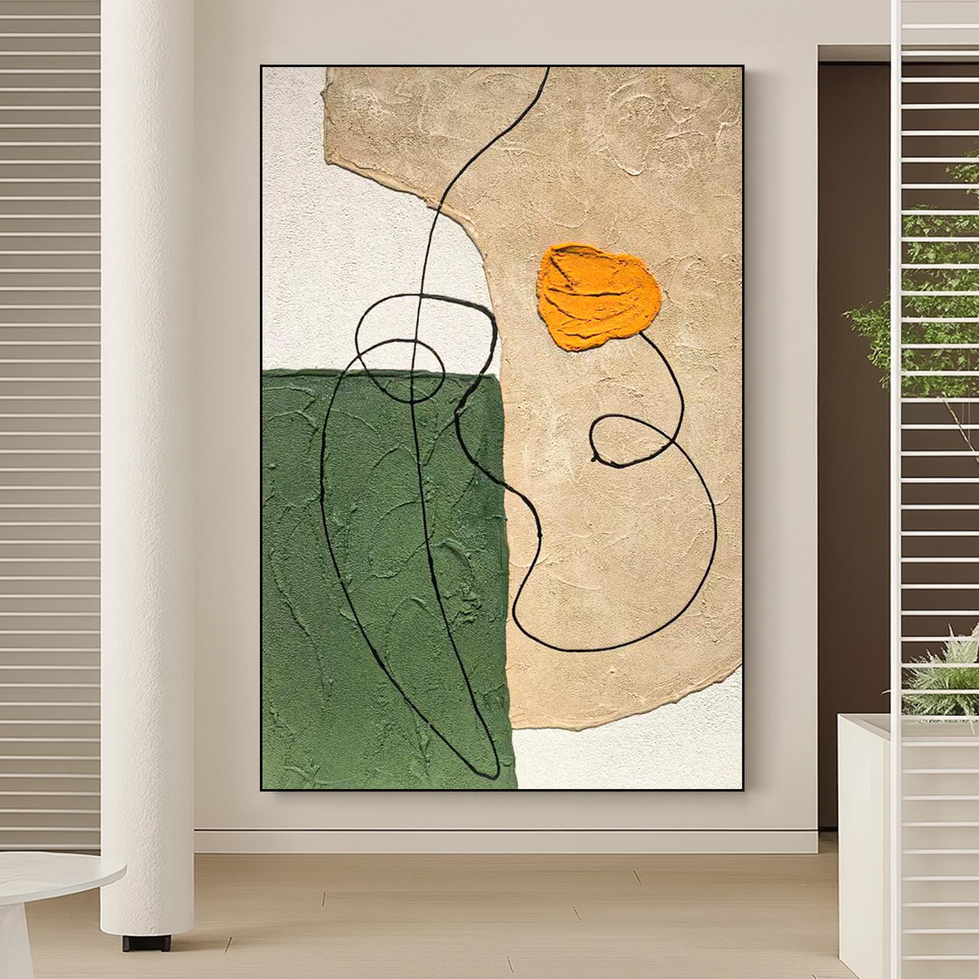 Textured Abstract Wall Art Canvas, Minimalist Line Art Painting With Green Beige Orange Tones, Modern Organic Handmade Oil Painting