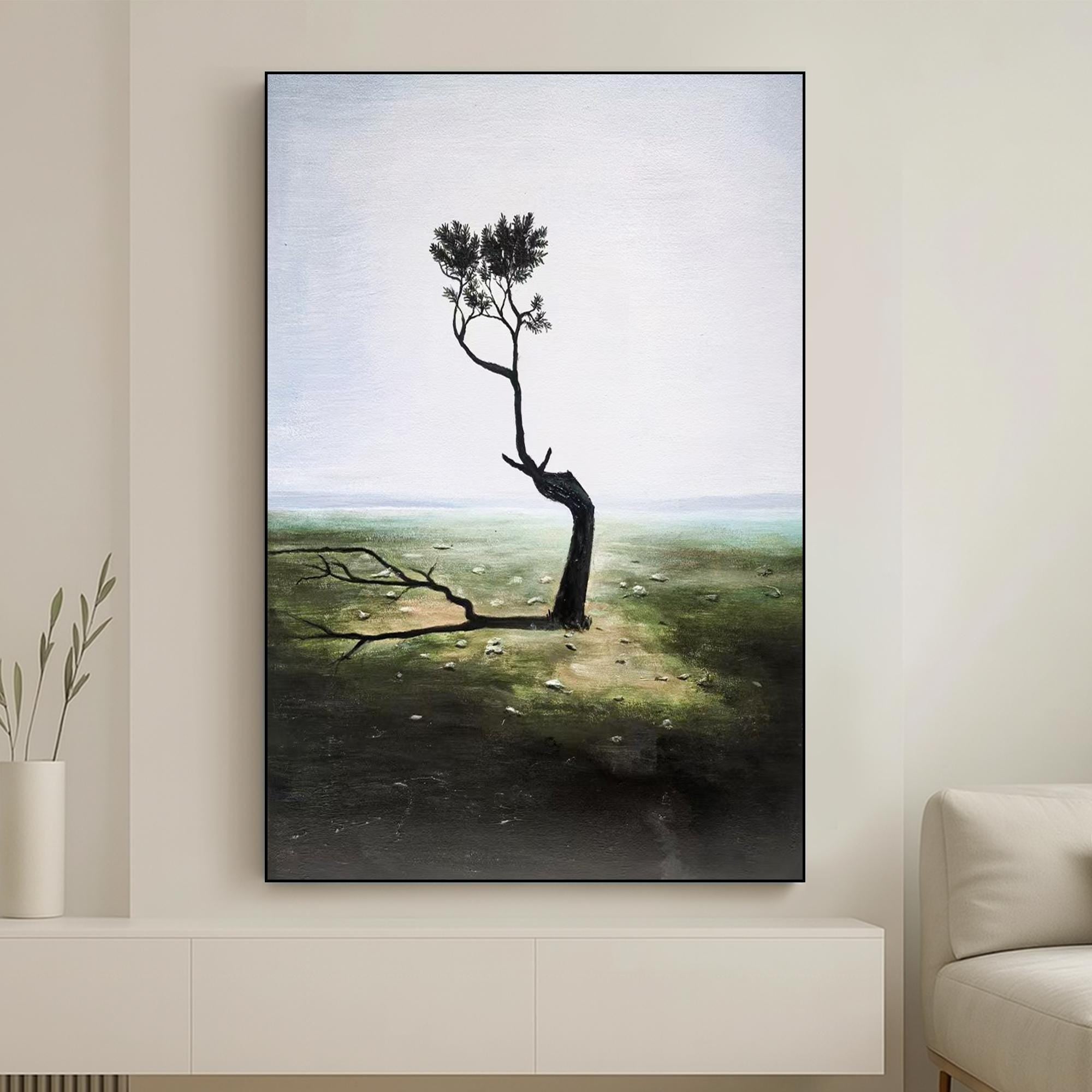 Original Minimalist Tree Oil Painting on Canvas, Hand-Painted Surreal Nature Landscape Art, Moody Solitary Wall Décor for Calm Interiors