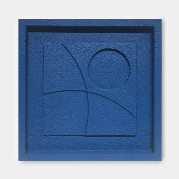 The image is a square-shaped artwork with a blue background and a central design featuring a circle and a line.