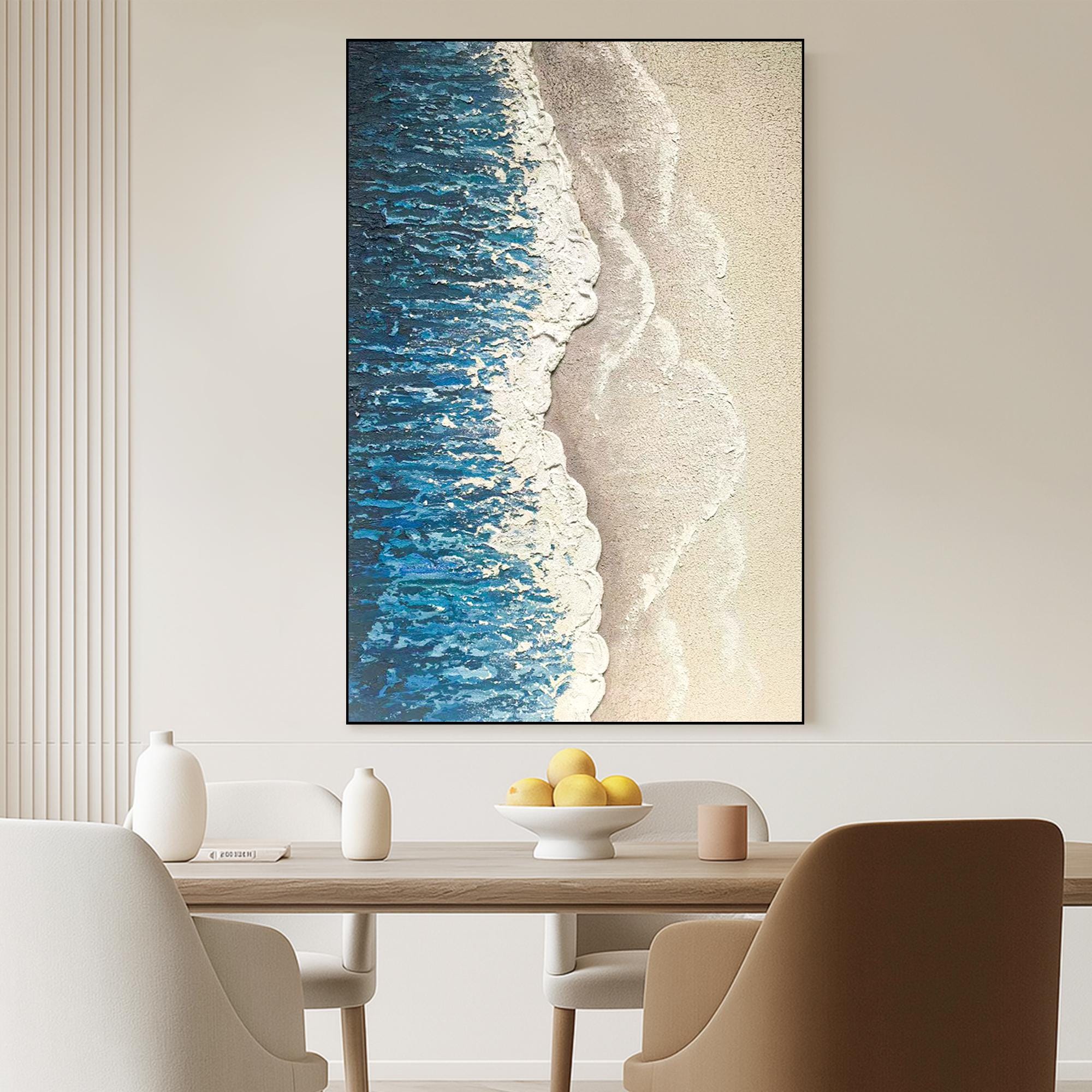 Textured Beach Ocean Painting on Canvas - Coastal Blue and Sand Abstract Wall Art - Handmade 3D Oil Artwork for Seaside or Nautical Decor