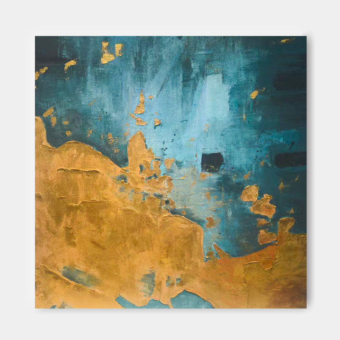 The image is an abstract painting with a mix of blue and gold colors, featuring a textured and layered appearance.