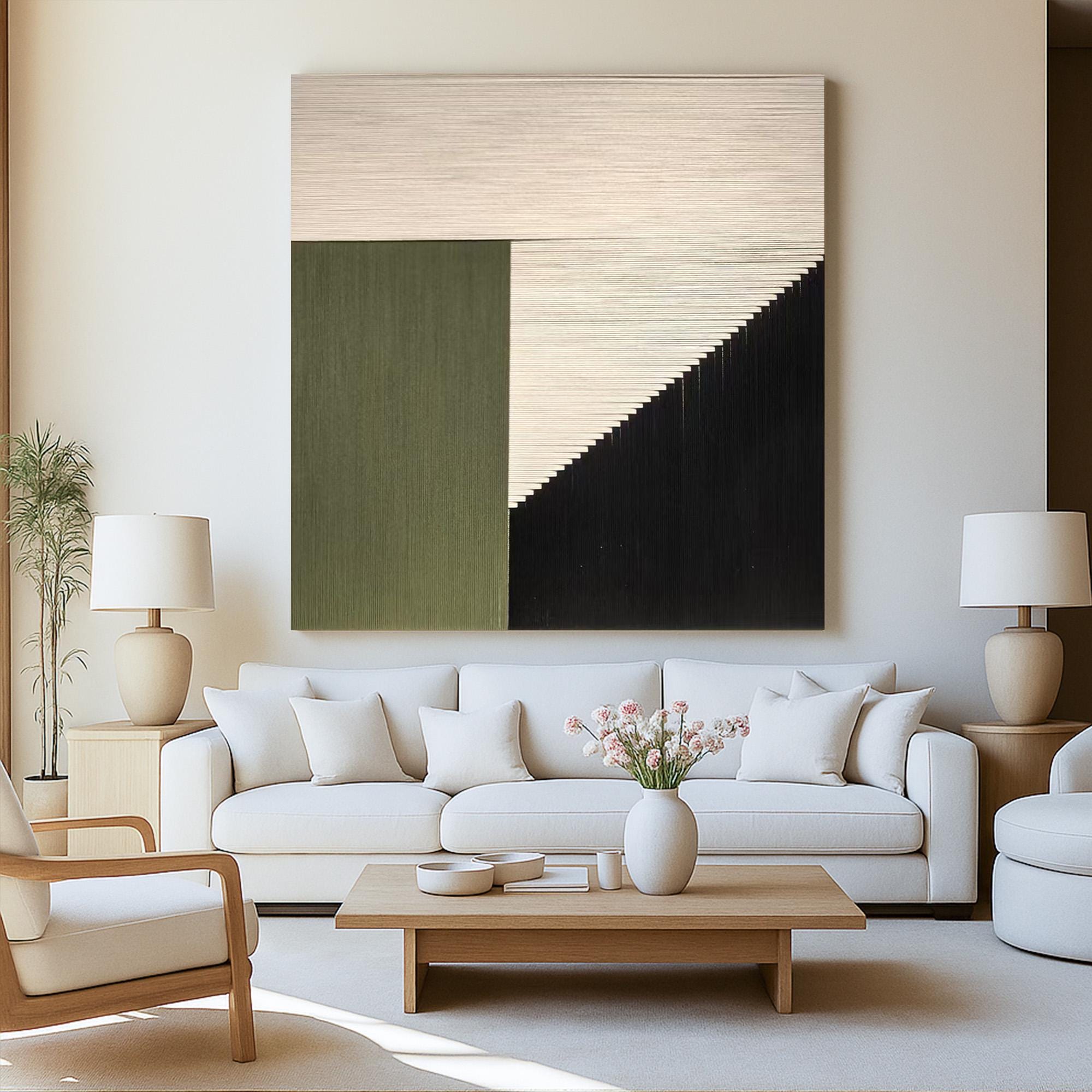 Modern Geometric Minimalist Wall Art, Hand Painted Green Black Abstract Canvas, Large Textured Neutral Artwork for Contemporary Home Decor