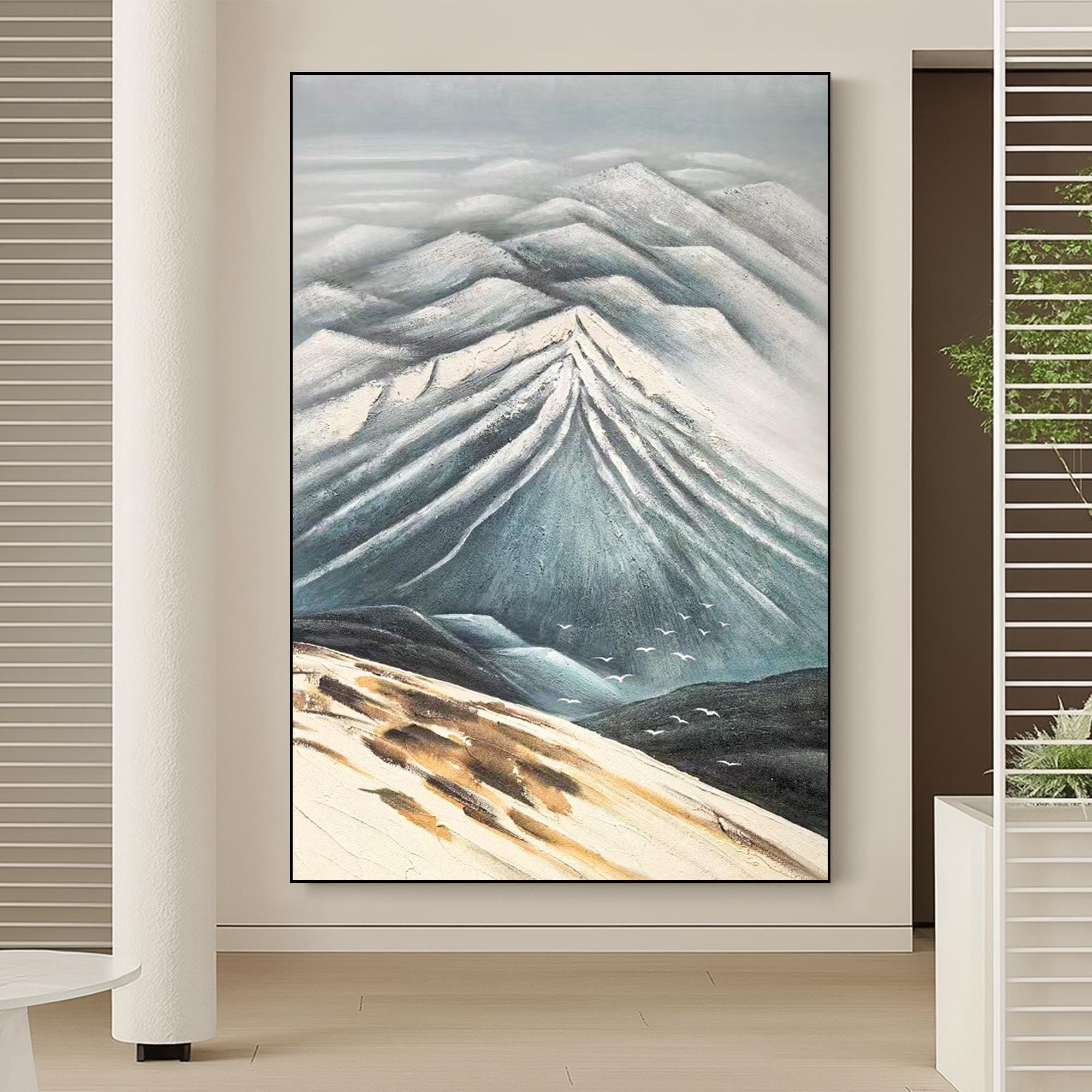 Textured Mountain Wall Art Canvas, Hand Painted Landscape Oil Painting With Blue Grey White Tones, Serene Nature Inspired Original Artwork