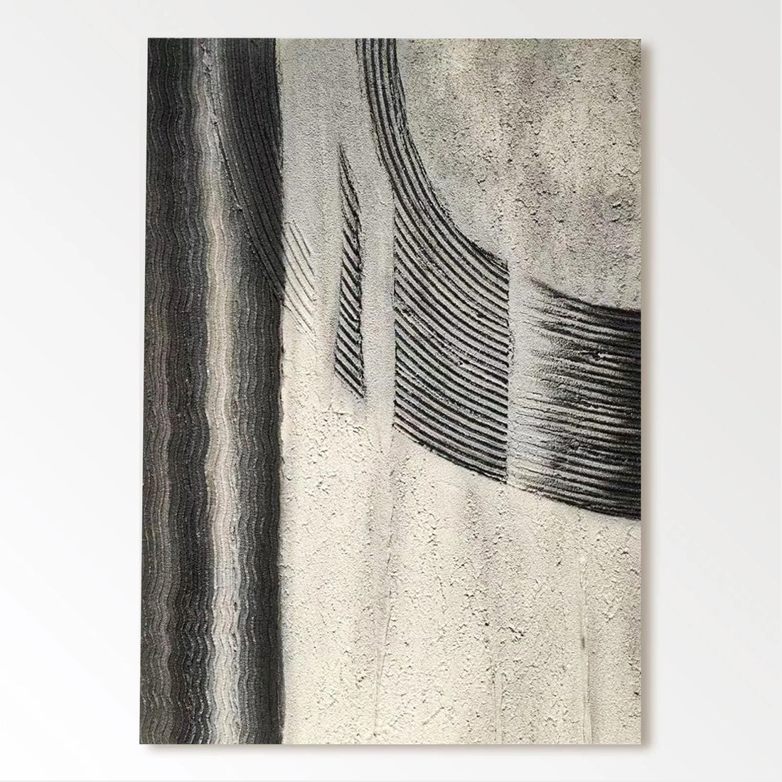 The image is a black and white abstract artwork featuring a vertical line and a curved line, creating a sense of movement and rhythm.